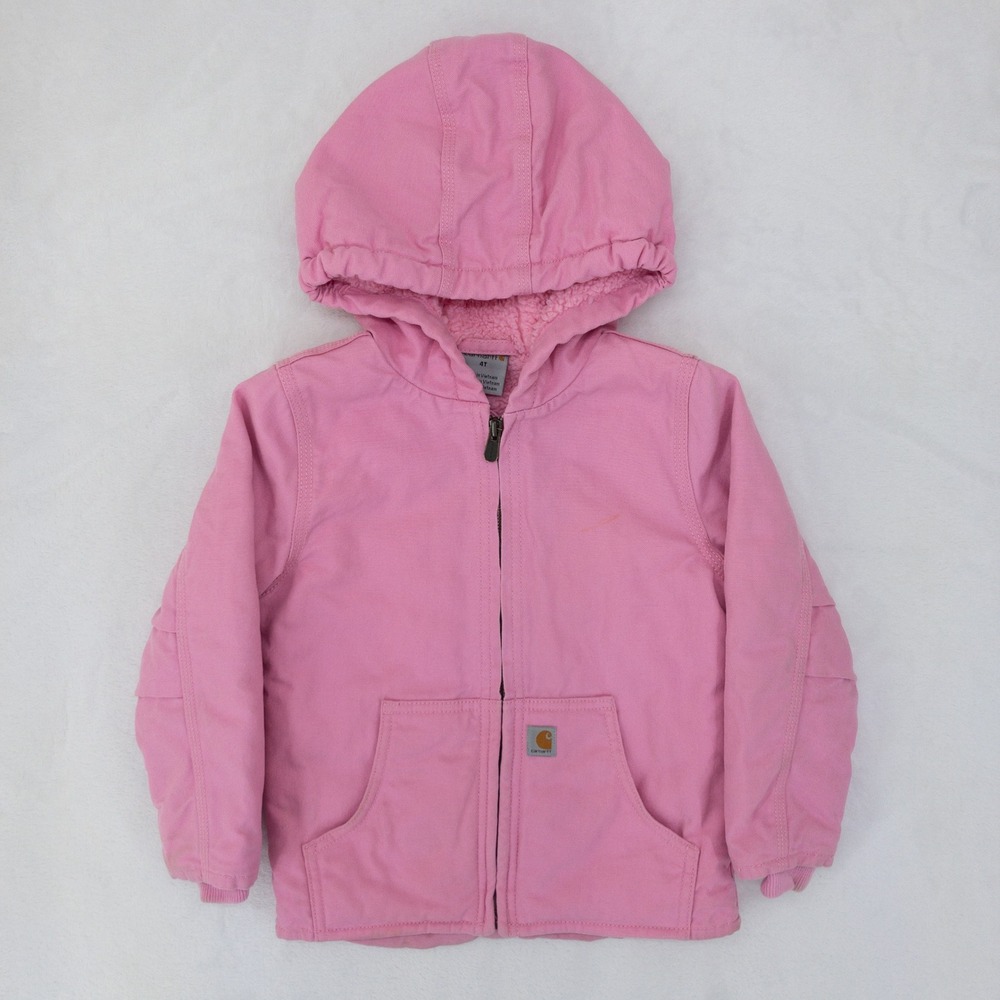 Carhartt Jacket Girls Size 4T Pink Sherpa Lined Hooded‎ Canvas Coat Barn Chore